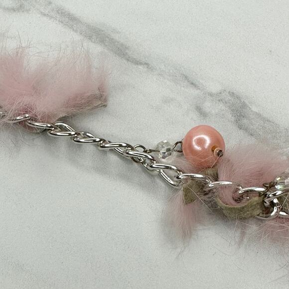 Beaded Fur Woven Silver Tone Chain Link Belt OS Y2K Festival - Picture 3 of 16